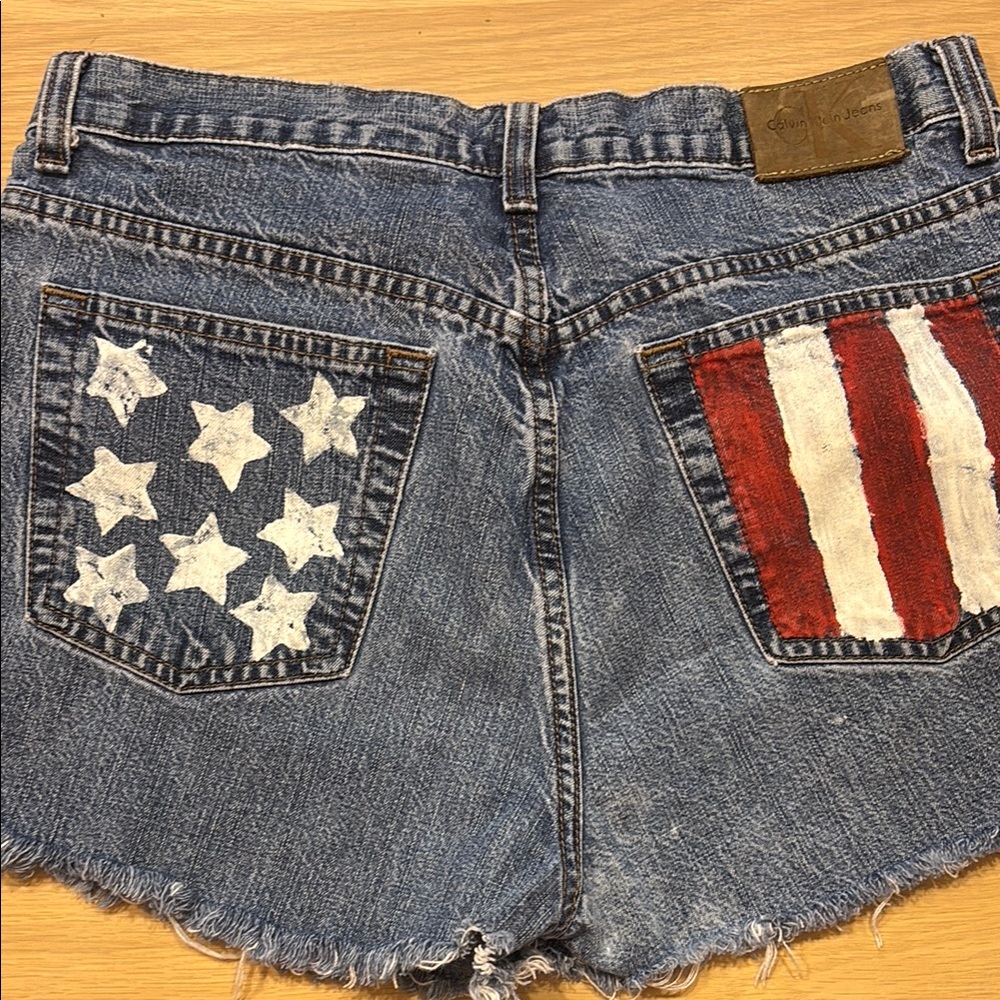 Calvin Klein Jeans Distressed American Flag Denim Shorts - Blue, Red, White - Picture 3 of 4